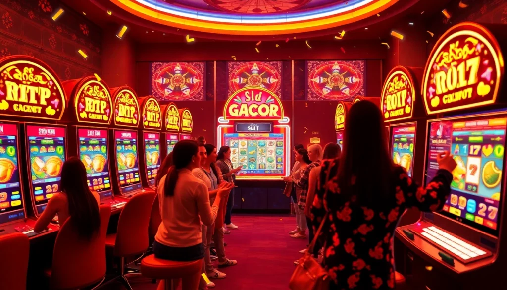 Colorful slot gacor machines reflecting high RTP rates and excited players.