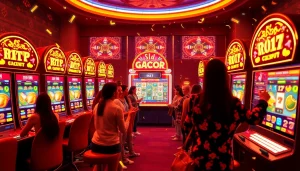 Colorful slot gacor machines reflecting high RTP rates and excited players.