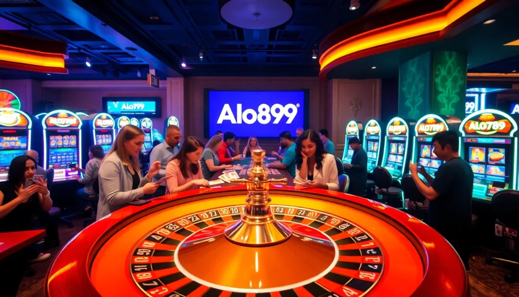 Players enjoy the dynamic thrill of Alo789 in a vibrant casino, placing bets on roulette and slot machines.