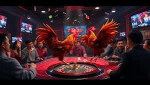 Watch ĐÁ Gà Trực Tiếp action in a thrilling casino atmosphere with vibrant players and roosters.