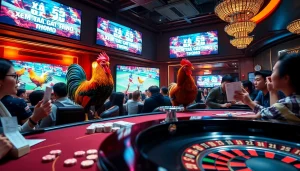 Experience the thrill of xem đá gà thomo matches live in a bustling casino, surrounded by enthusiastic fans and vibrant betting activity.