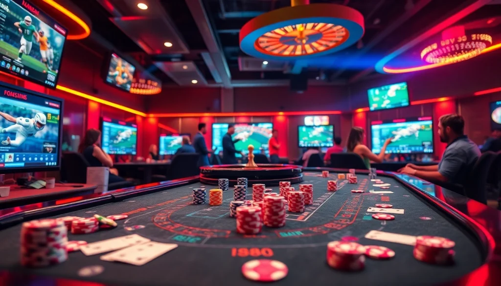 THỂ THAO SUT88 creates an exhilarating online sports betting scene with players engaged at casino tables and interactive screens.