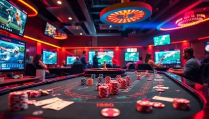 THỂ THAO SUT88 creates an exhilarating online sports betting scene with players engaged at casino tables and interactive screens.