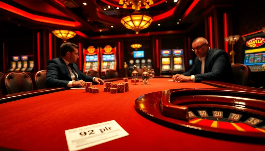 High-stakes poker game showcasing 92 pkr bets amid vibrant chips, with players intensely strategizing.