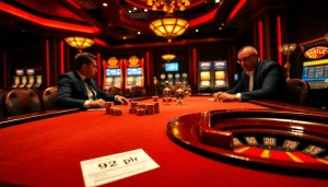 High-stakes poker game showcasing 92 pkr bets amid vibrant chips, with players intensely strategizing.