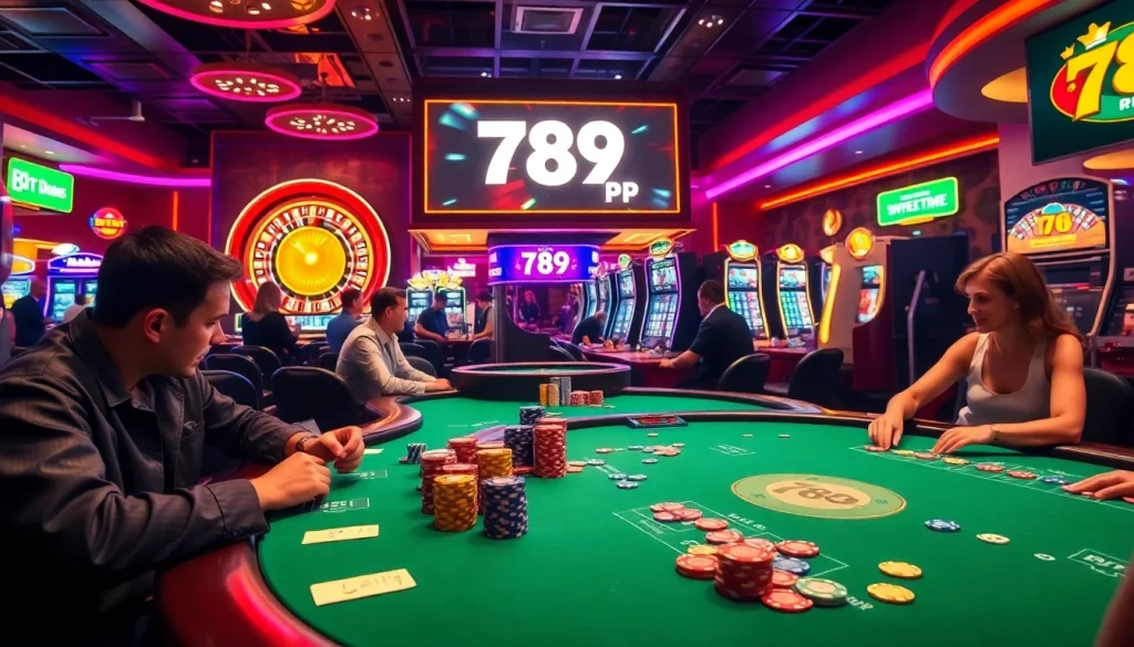 Experience the excitement of 789P at a lively casino poker game, with vibrant chips and cards in action.