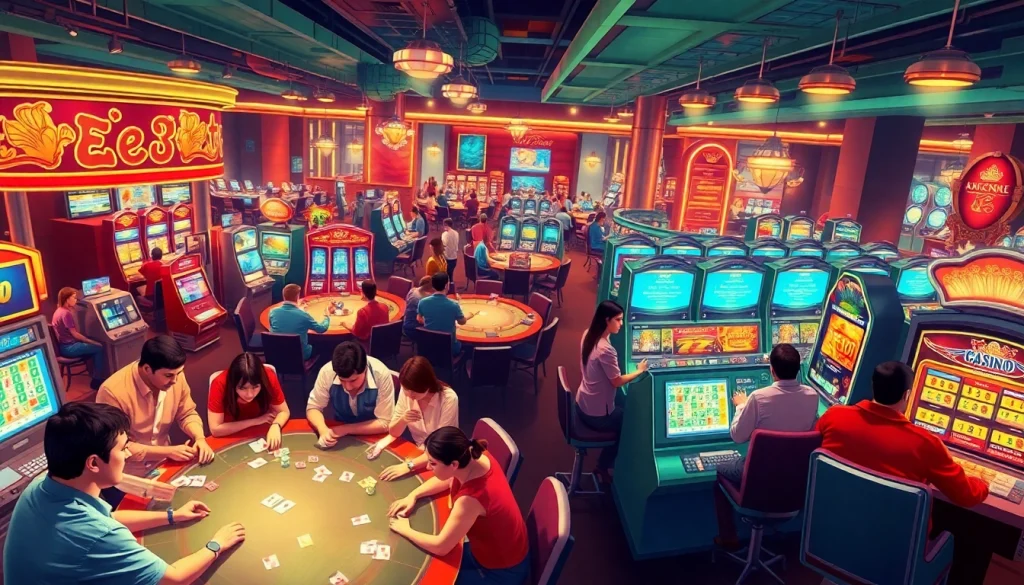 Experience thrilling casino action at https://nohu90g.com with vibrant gaming tables, poker cards, and cheering players.
