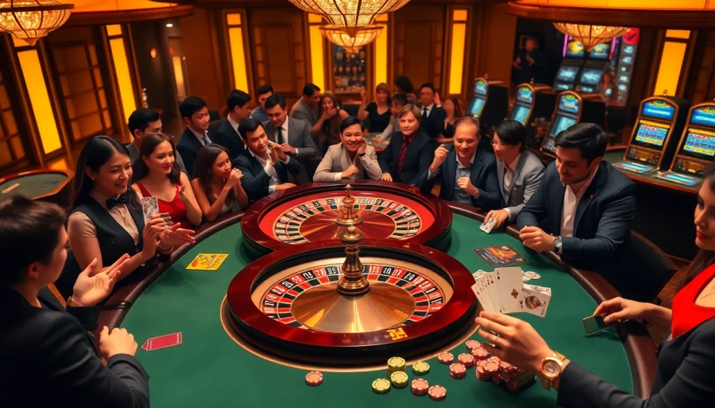Engaging casino players interacting with character ai +18 elements at a roulette wheel and poker table.