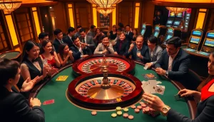 Engaging casino players interacting with character ai +18 elements at a roulette wheel and poker table.