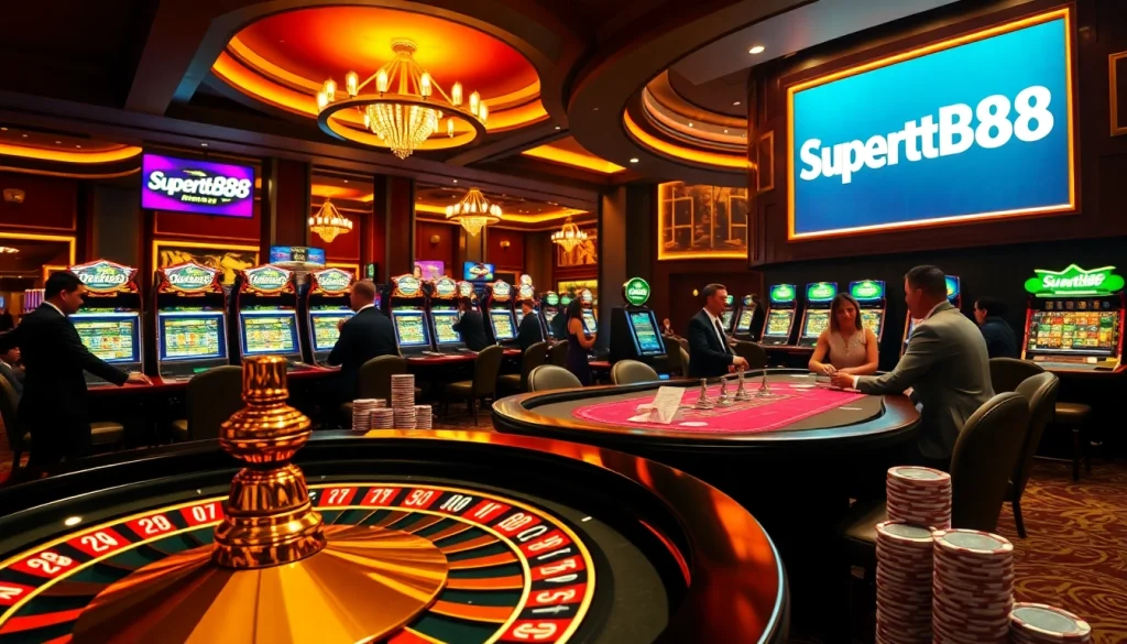 Experience the thrill of Supertkb88 with vibrant casino tables, chips, and eager players.