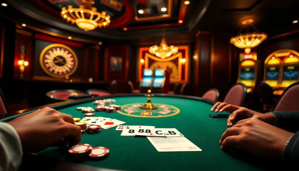 Players engaging in thrilling poker action at an upscale casino featuring the vibrant 88CLB betting slip on the table.
