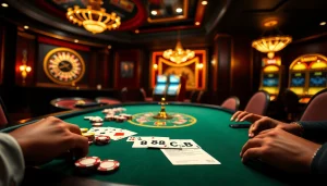 Players engaging in thrilling poker action at an upscale casino featuring the vibrant 88CLB betting slip on the table.