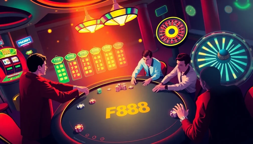 FB88 poker players at a vibrant casino table, showcasing the thrill of high-stakes gambling.