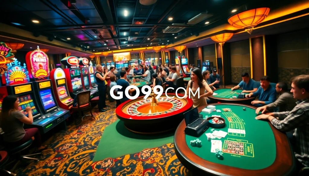 Experience the thrill of GO99COM at a vibrant casino with players surrounded by slot machines and poker tables.
