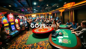 Experience the thrill of GO99COM at a vibrant casino with players surrounded by slot machines and poker tables.