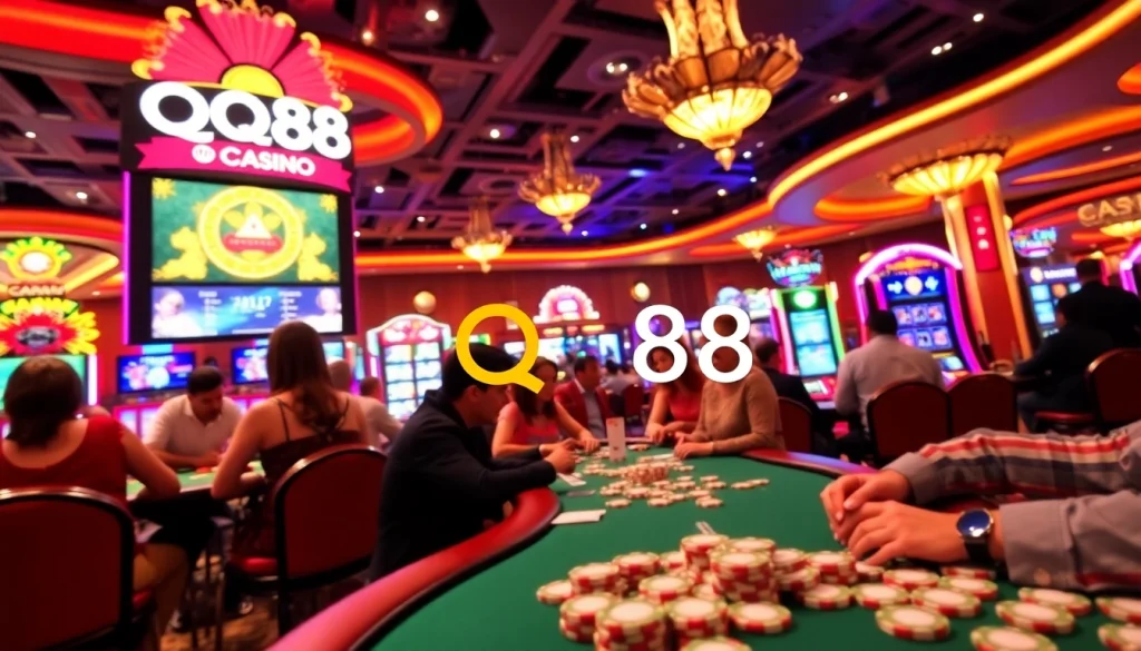 Players enjoying thrilling games at QQ88 CASINO with colorful chips and vibrant decor in focus.