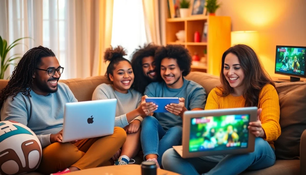 Friends enjoying an immersive experience playing games online together in a cozy living room setting.