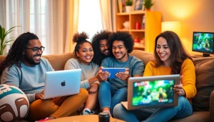 Friends enjoying an immersive experience playing games online together in a cozy living room setting.