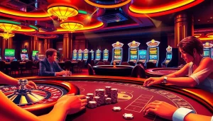 hm88. players celebrating their wins at a vibrant casino, showcasing energetic poker games and blinking slot machines.