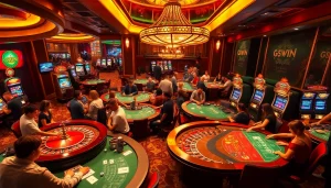 Experience thrilling action at ggwin casino featuring players at poker tables and roulette wheels in a vibrant atmosphere.